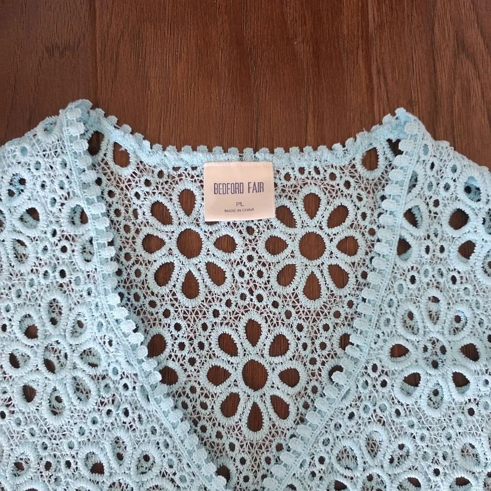 Blue Crochet Cardigan Lace  Women's Size P Large Aqua Blue Cottagecore Coquette - Picture 2 of 4